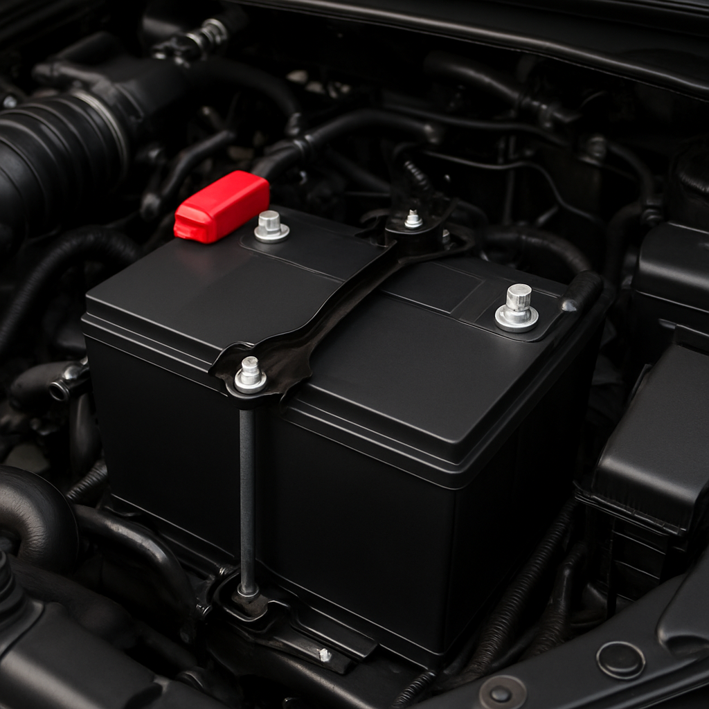 New car battery being installed in a vehicle engine bay