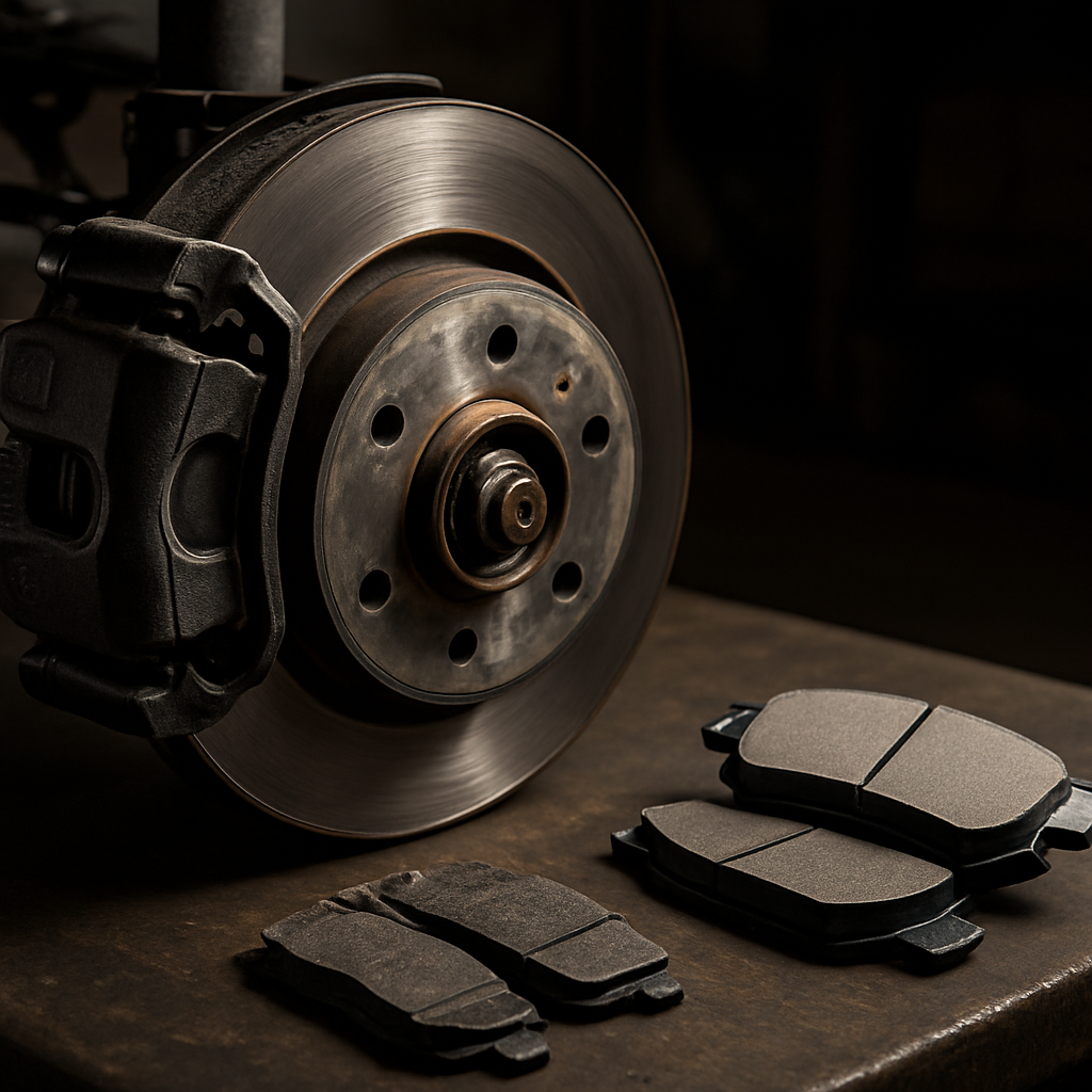 Brake rotor and caliper assembly with new brake pads on a workshop bench