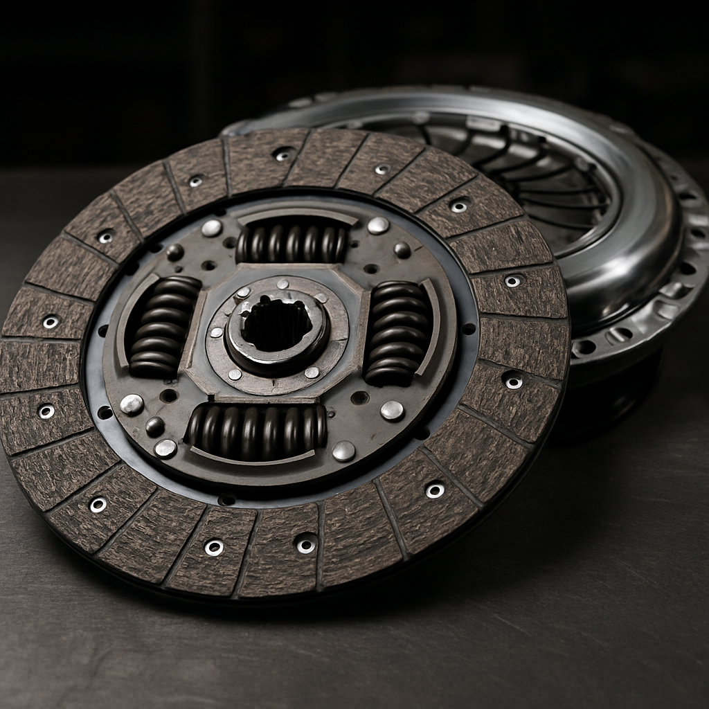 Clutch disc and pressure plate assembly on a clean workshop bench