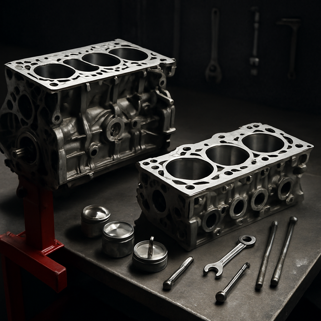 Disassembled car engine block on a workshop stand ready for rebuilding