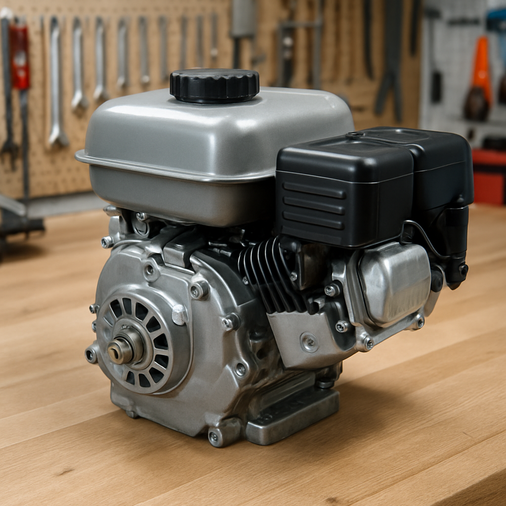 Petrol lawn mower engine on a workshop bench awaiting repair
