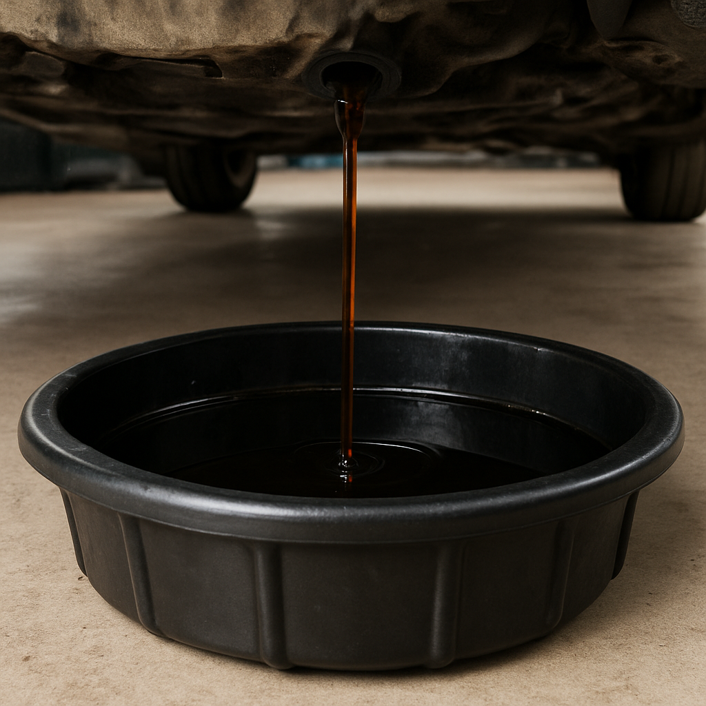 Engine oil draining into a pan during a vehicle oil change